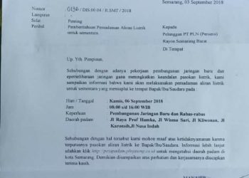 Surat edaran dari PT (persero) PLN distribusi Jawa Tengah dan Daerah Istimewa Yogyakarta Rayon Semarang Barat.