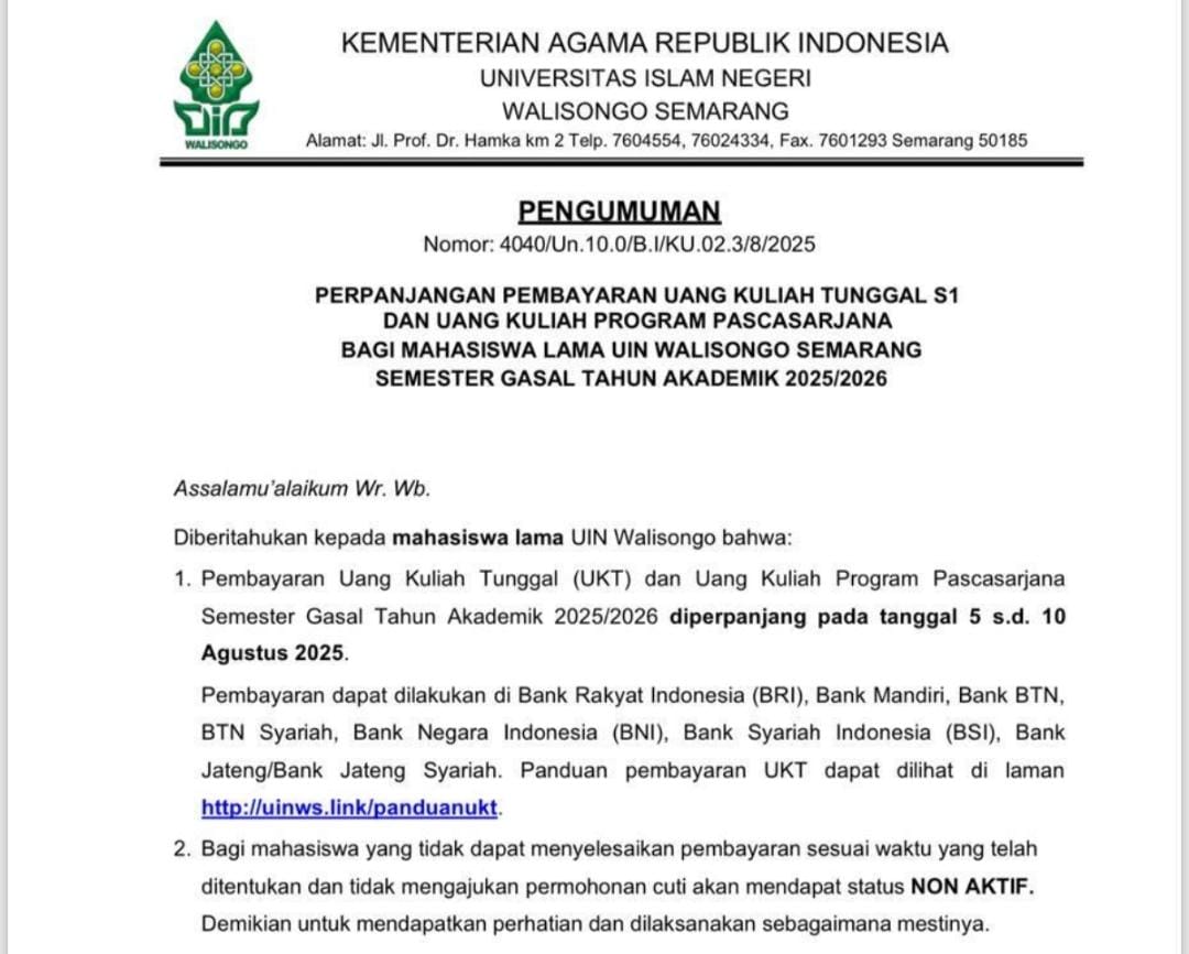 uin walisongo, pembayaran ukt, informasi ukt, perpanjangan ukt, ukt uin walisongo
