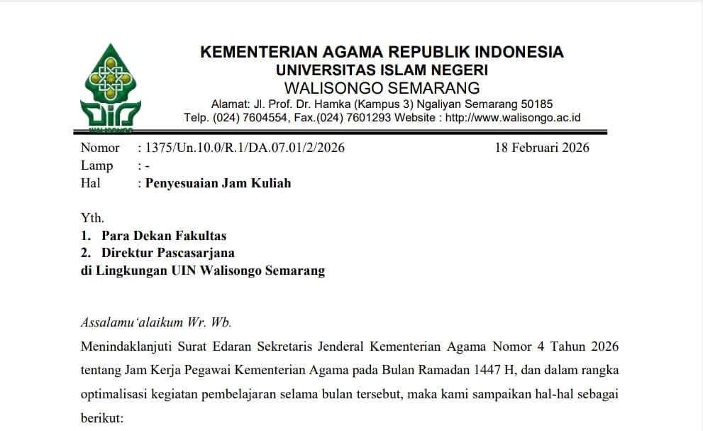 uin walisongo, penyesuaian jam kuliah, ramadan 2026, idul fitri 2026, libur lebaran