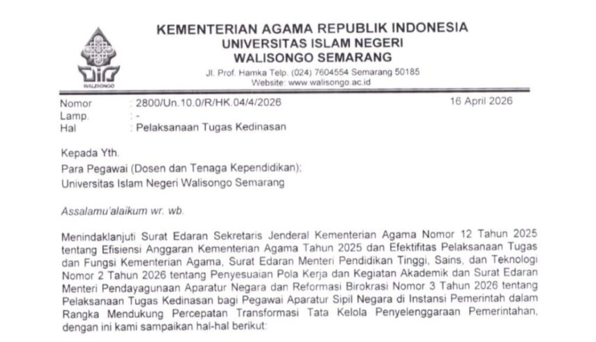 uin walisongo, surat edaran uin walisongo, kebijakan kampus terbaru, work from home, kebijakan pemerintah