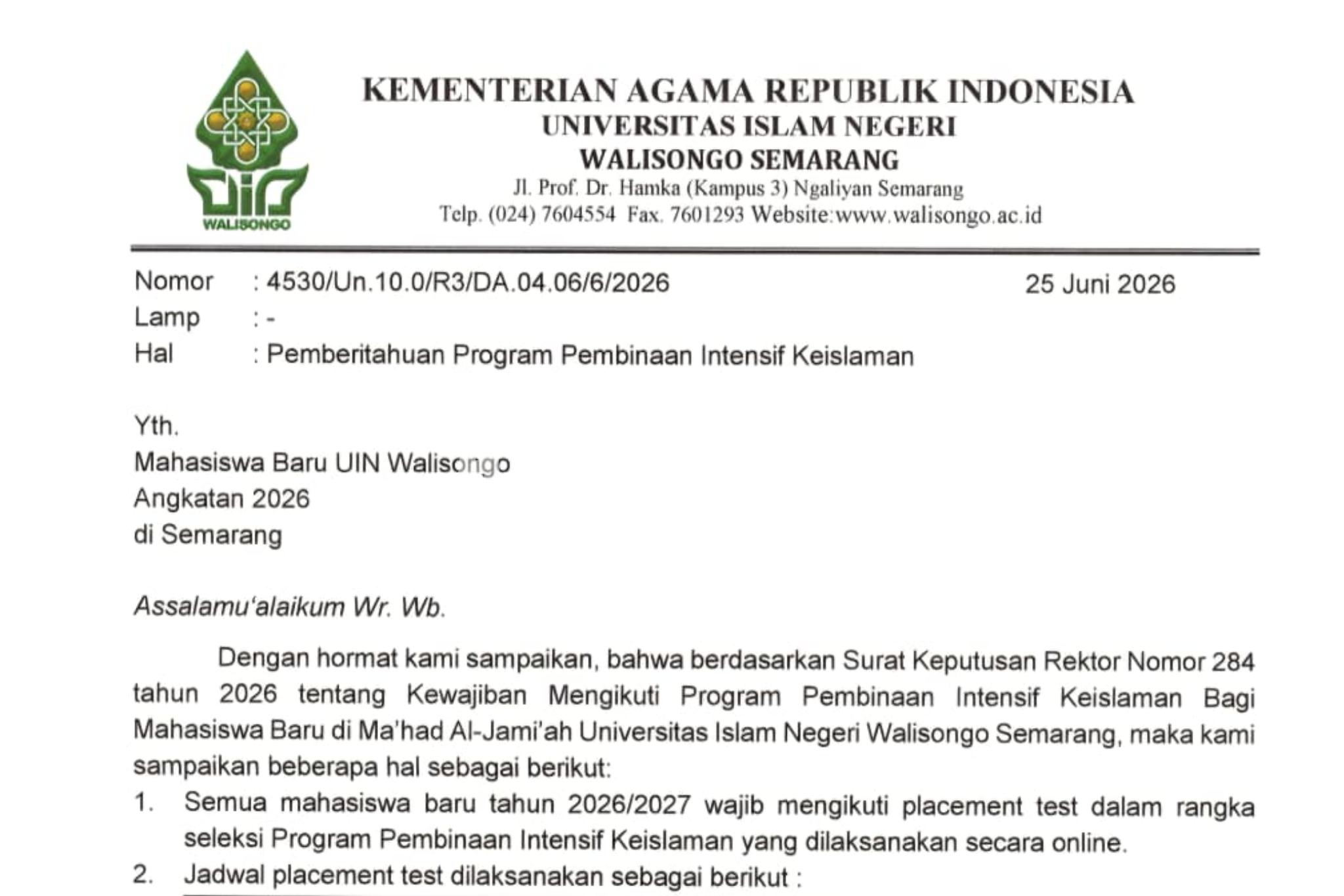 uin walisongo, ma'had uin walisongo, ma'had 2026, ma'had al-jami'ah uin walisongo, mahasiswa baru