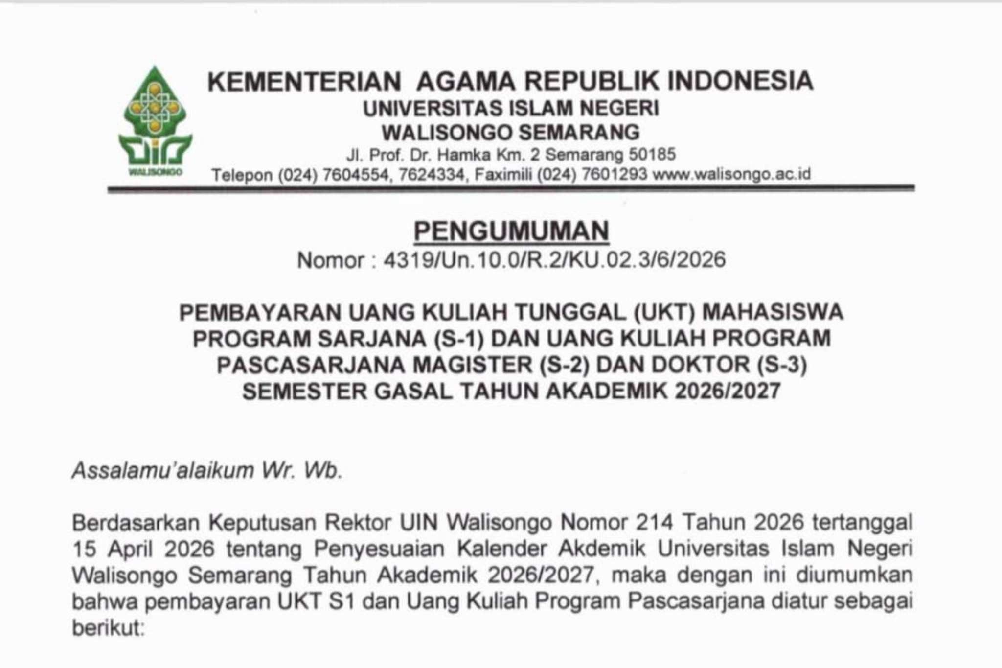 uin walisongo, pembayaran ukt, ukt semester gasal, ukt, ukt uin walisongo